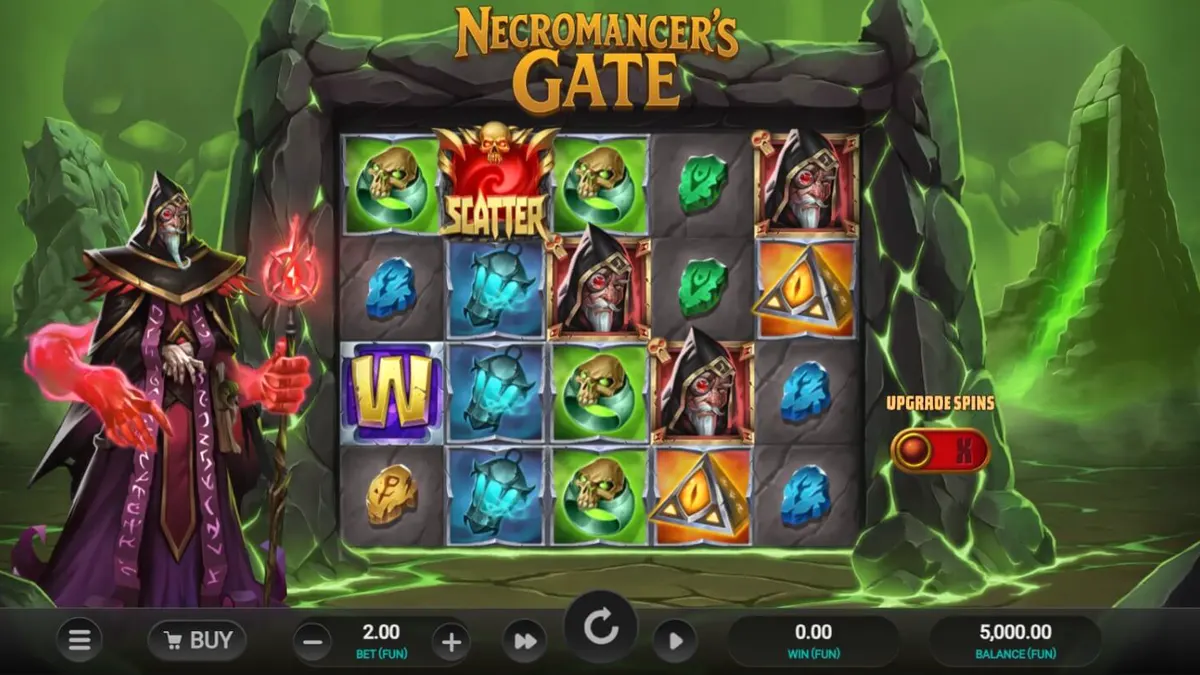 Tampilan visual slot Necromancer’s Gate dengan tema horor gotik dan tengkorak.